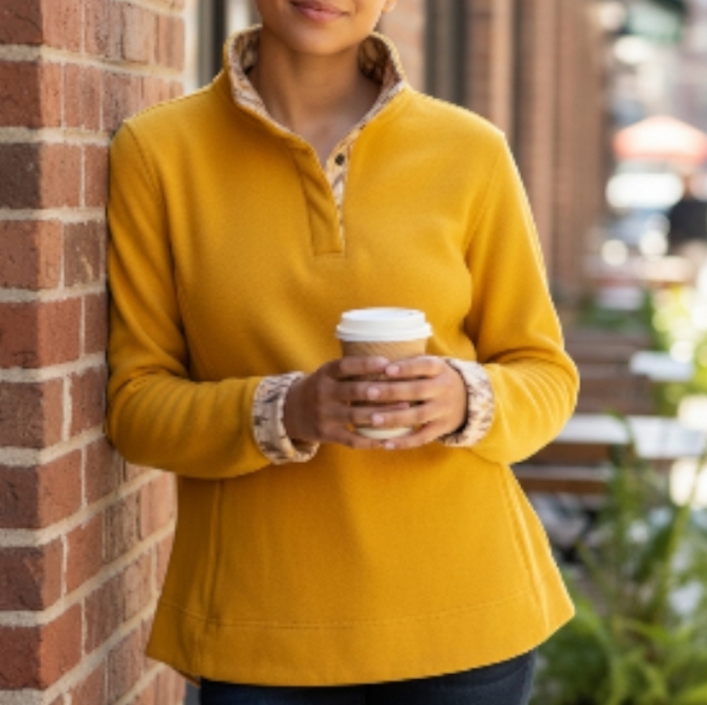 ORVIS | Cozy‎ Mustard Yellow Cotton Knit Mock Neck Sweatshirt Zipper Pockets | L